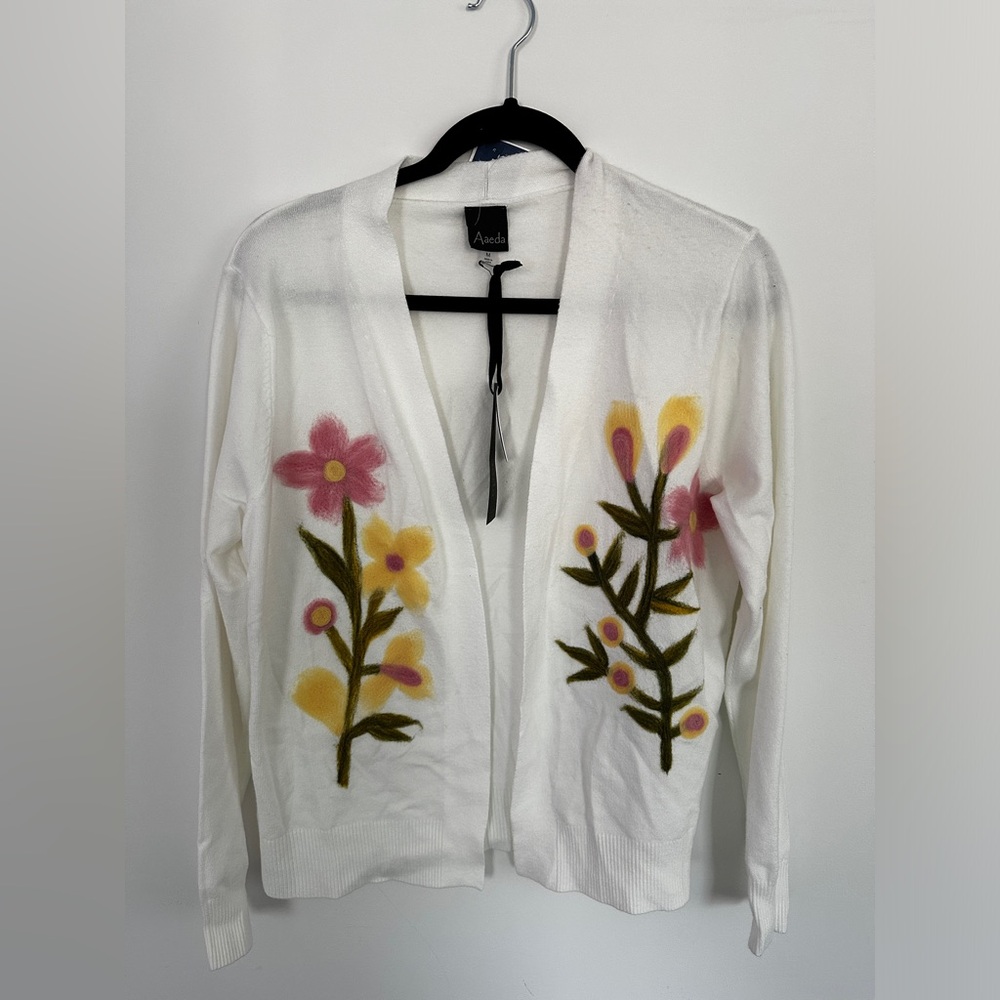 Aaeda Cardigan Floral Stitching Size M NWT  Yellow Pink